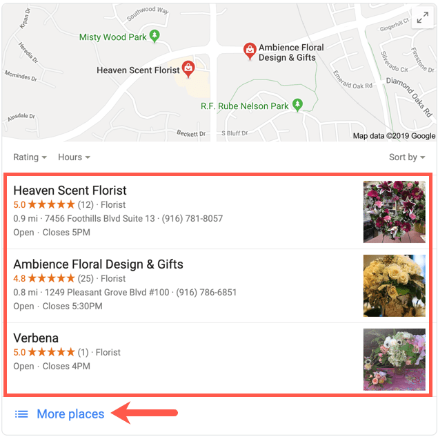 Google My Business 3-pack Florists Search