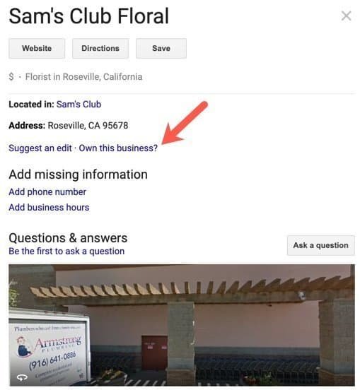 Unclaimed business profile on Google Maps.