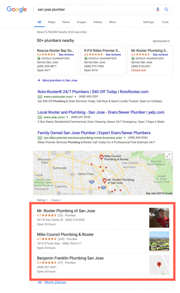 Google Search For Plumbers in San Jose With 3-Pack Highlighted