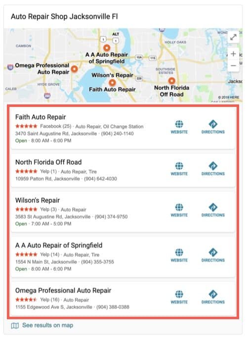 Bing search results for auto repair shop jacksonville fl.