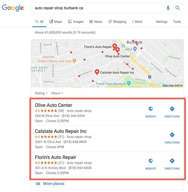 Google search results for auto repair shop burbank ca.