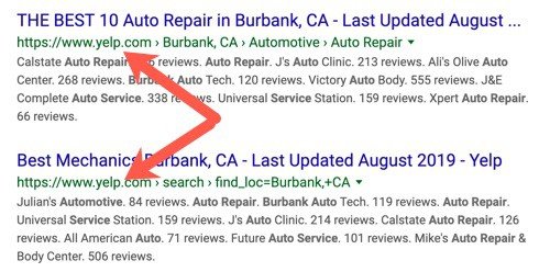 Google search results with Yelp pages.