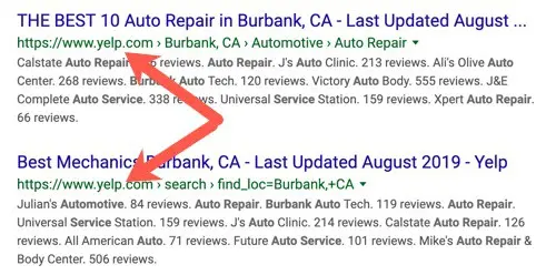 Google search results with Yelp pages.