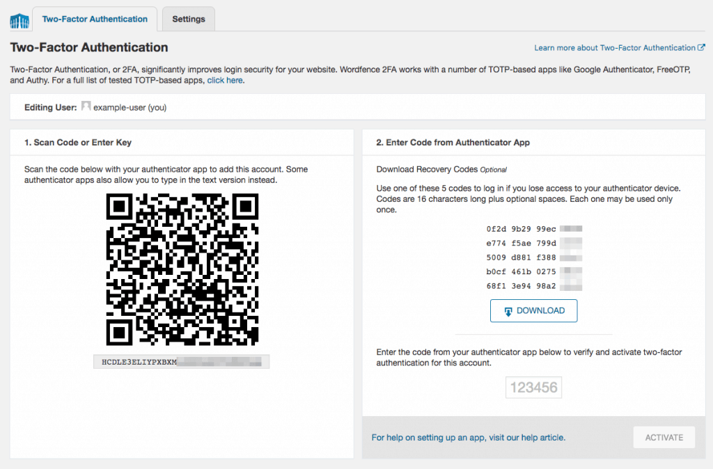 Wordfence Two-Factor Authentication Setup Screen