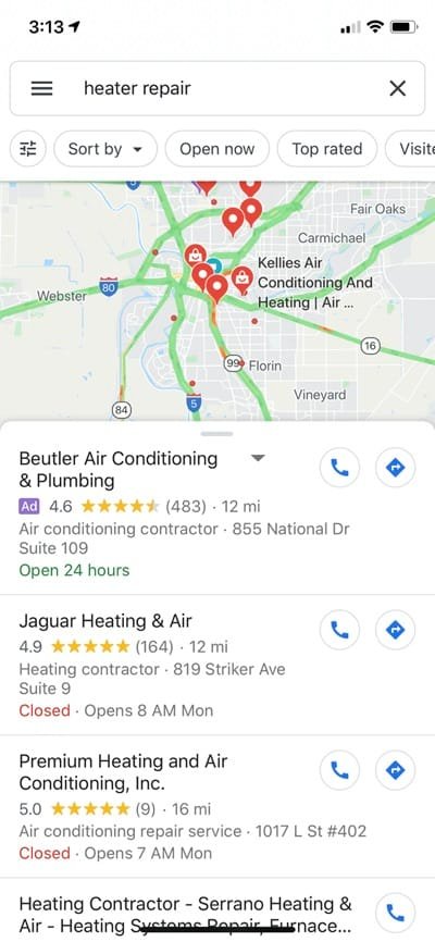 Google Maps search for heater repair.
