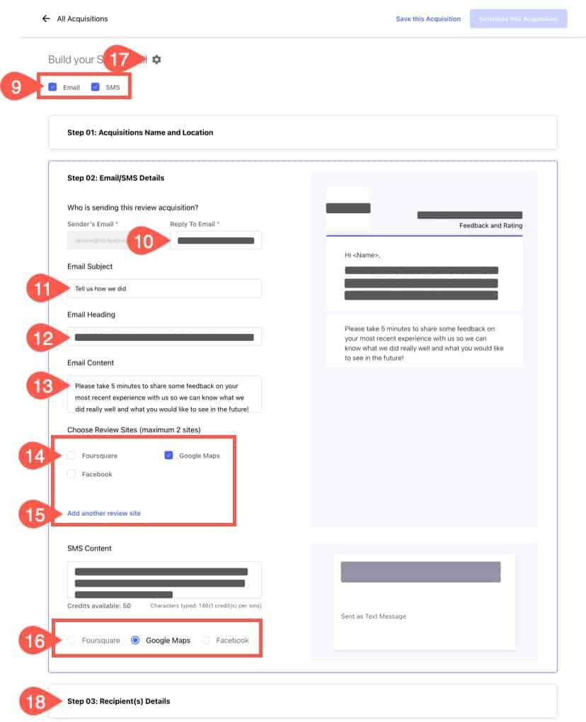 Set up review acquisition campaign settings in Loclmark.