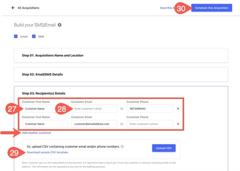 Configure Email/SMS details for the Loclmark review acquisition campaign.