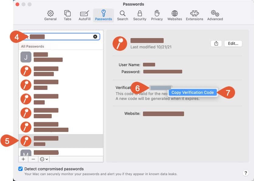Searching for the account and copying the 2FA verification code