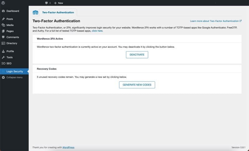 The final enabled 2FA screen of a Loclweb website