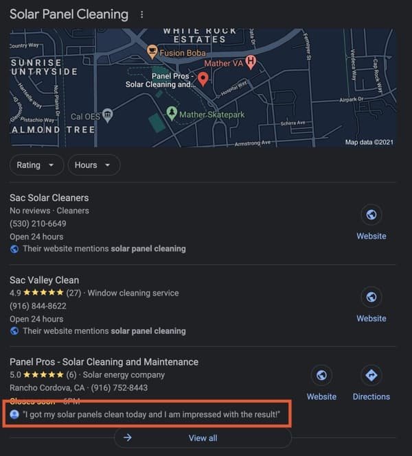 Example of a Google search business result from review keywords.