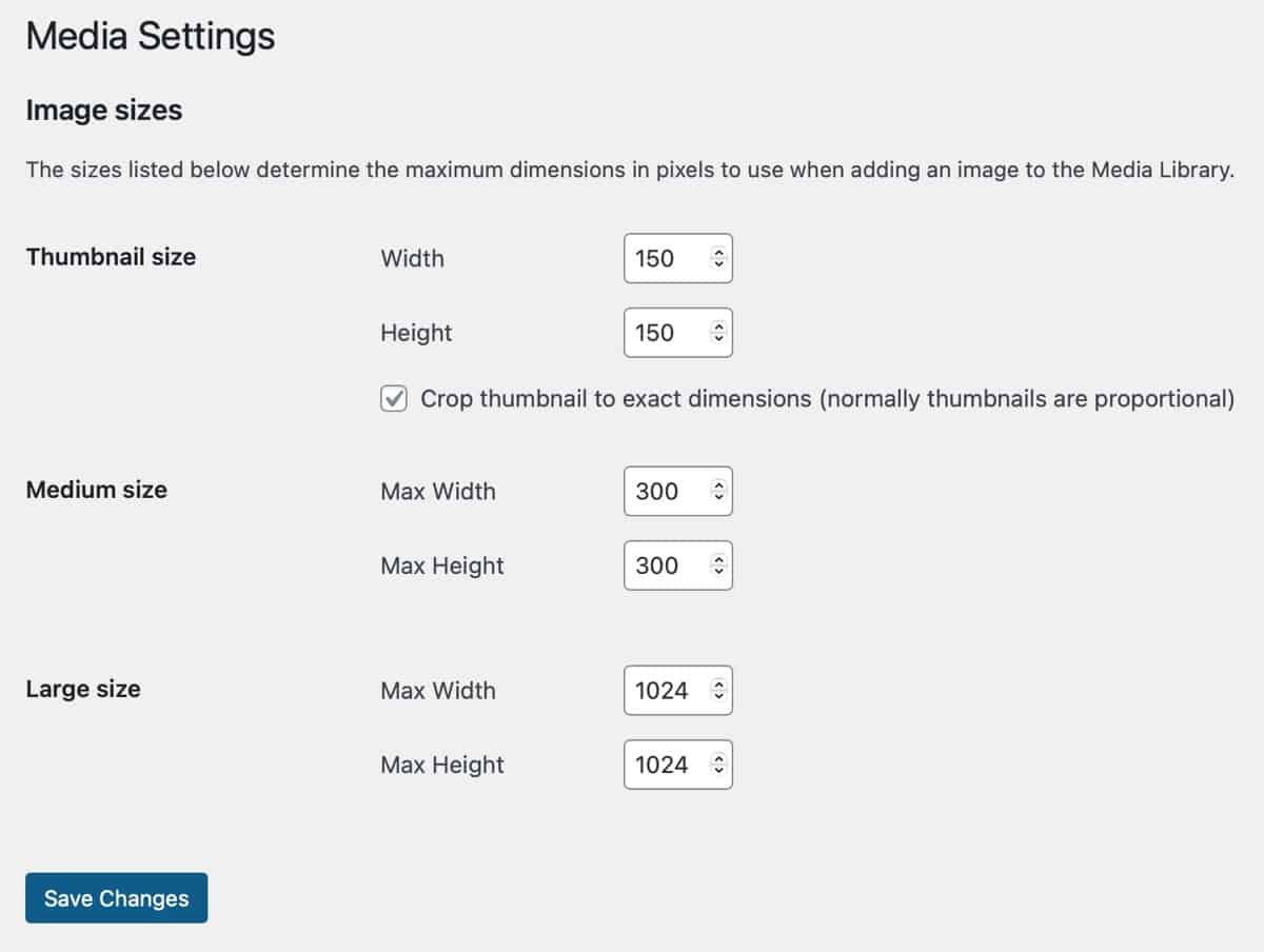WordPress Media Settings Image Sizes