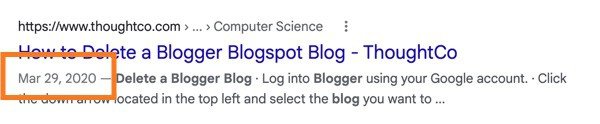A Google search result with the date of a post in the results.