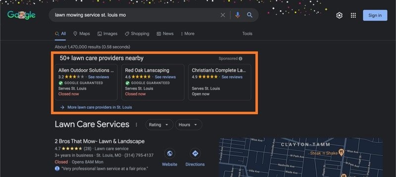 Google service ads for lawn mowing service st. louis mo.