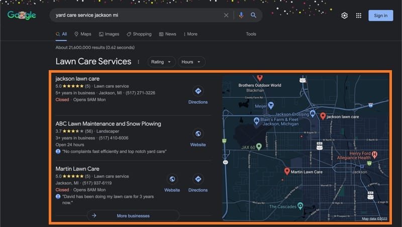 Google search results for yard care service jackson mi