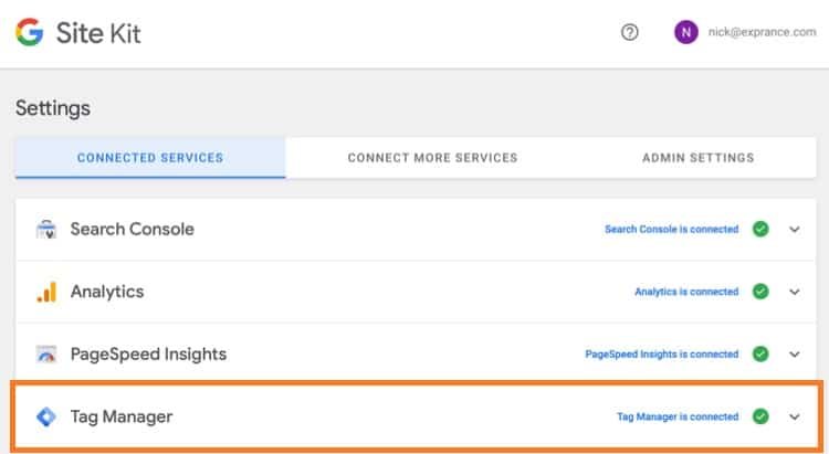 Google Site Kit Setup on Loclweb verify Tag manager is connected.