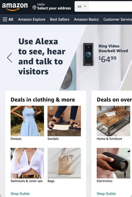 The Amazon website on a desktop computer with the window too small.