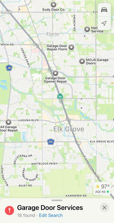 Aple Maps search results for garage door repair.