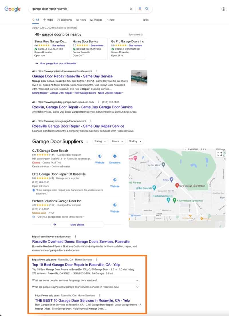 Google search results for garage door repair.