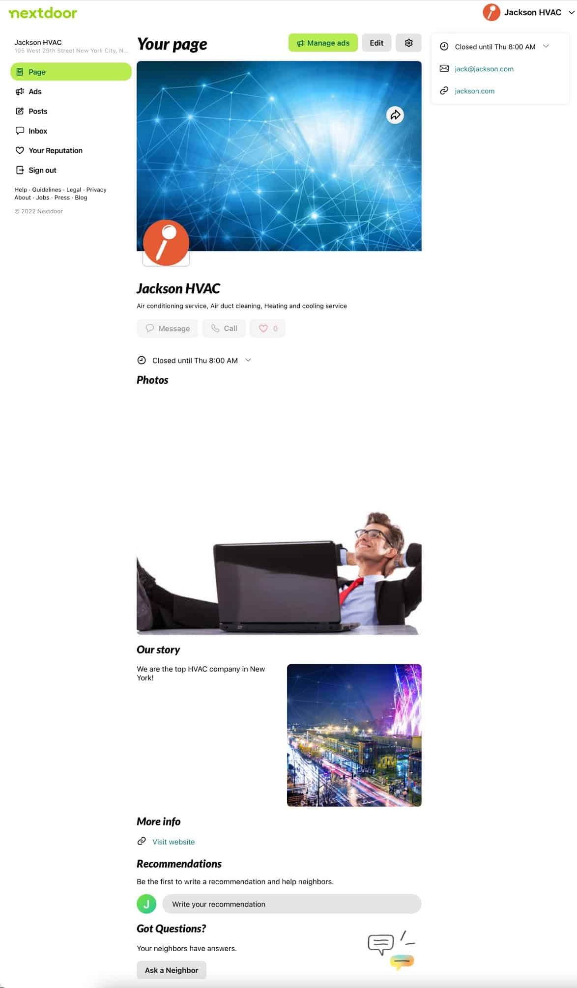 Nextdoor business page preview.