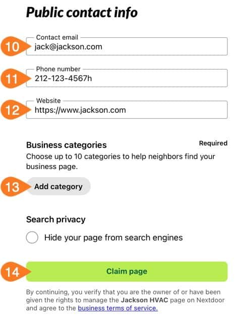 Enter Nextdoor business page public contact info and categories.