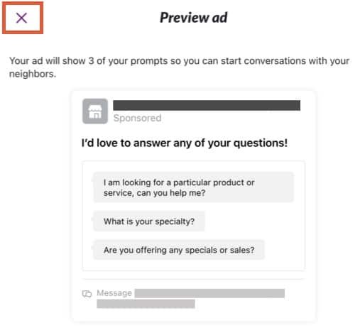 Nextdoor ad setup message ad preview.