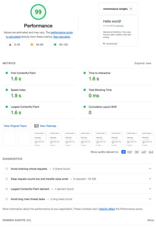 GeneratePress theme base installation mobile performance test with Google Chrome Lighthouse.
