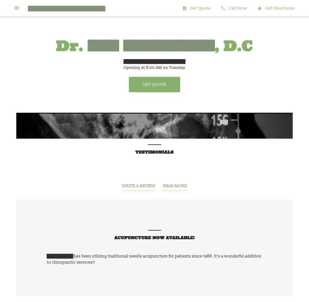 A generic Google Business Page website for a (trustworthy?) chiropractor.