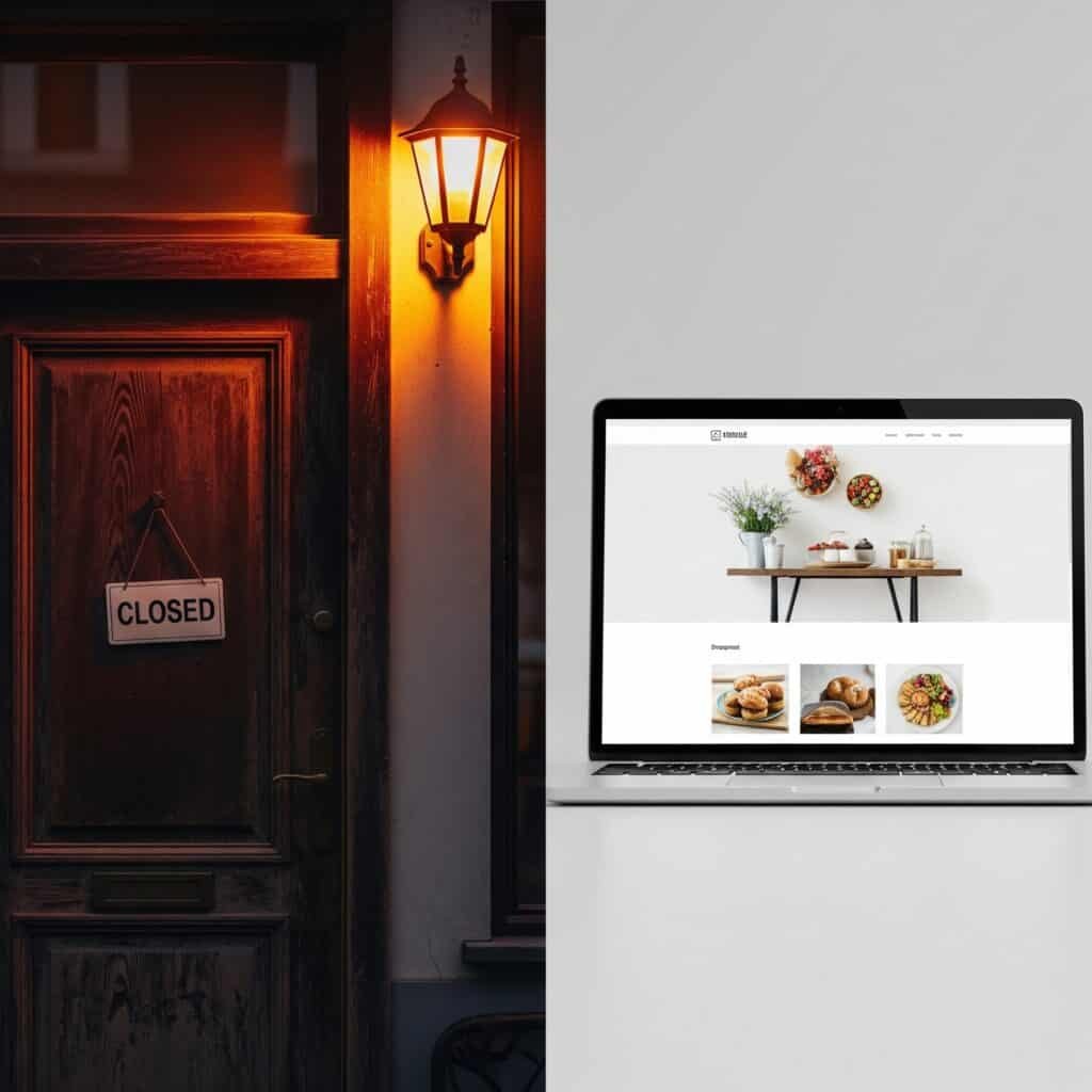 A business door on the left with a closed sign, and on the right, a website still delivering information to customers.