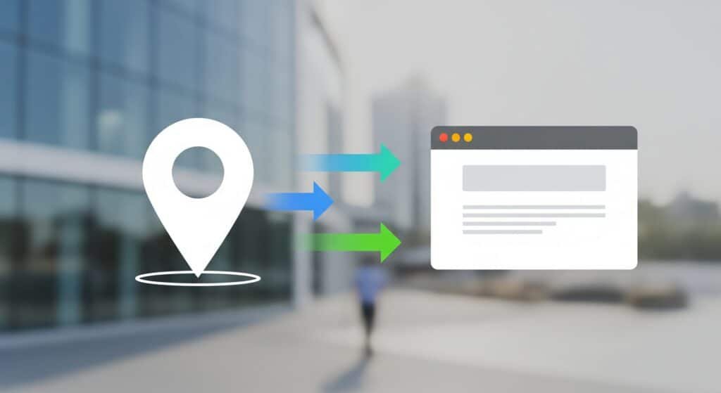 A Google Maps pin and a website browser window visually linked with arrows pointing from the map pin to the website, symbolizing traffic. A Google Maps pin and a website browser window visually linked with arrows pointing from the map pin to the website, symbolizing traffic.