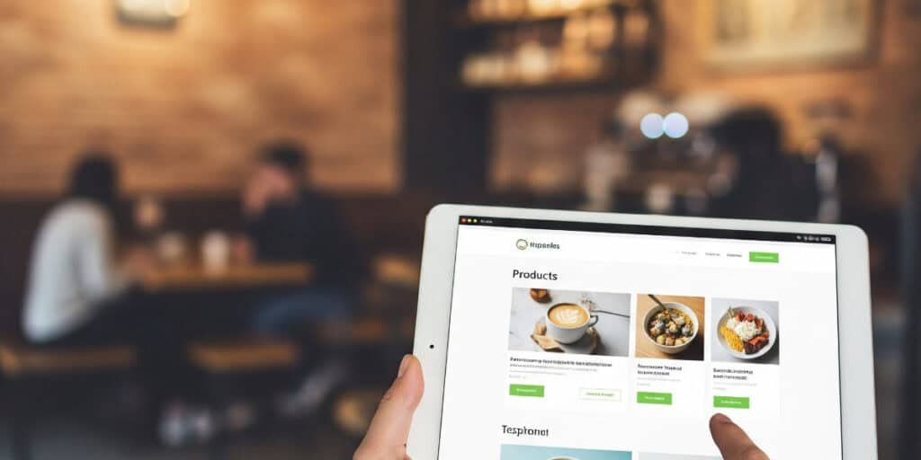 Your Digital Storefront: Why a Professional Website is Essential for Local Businesses Today A tablet with a business website pulled up and blurred in the background people eating at a restaurant.