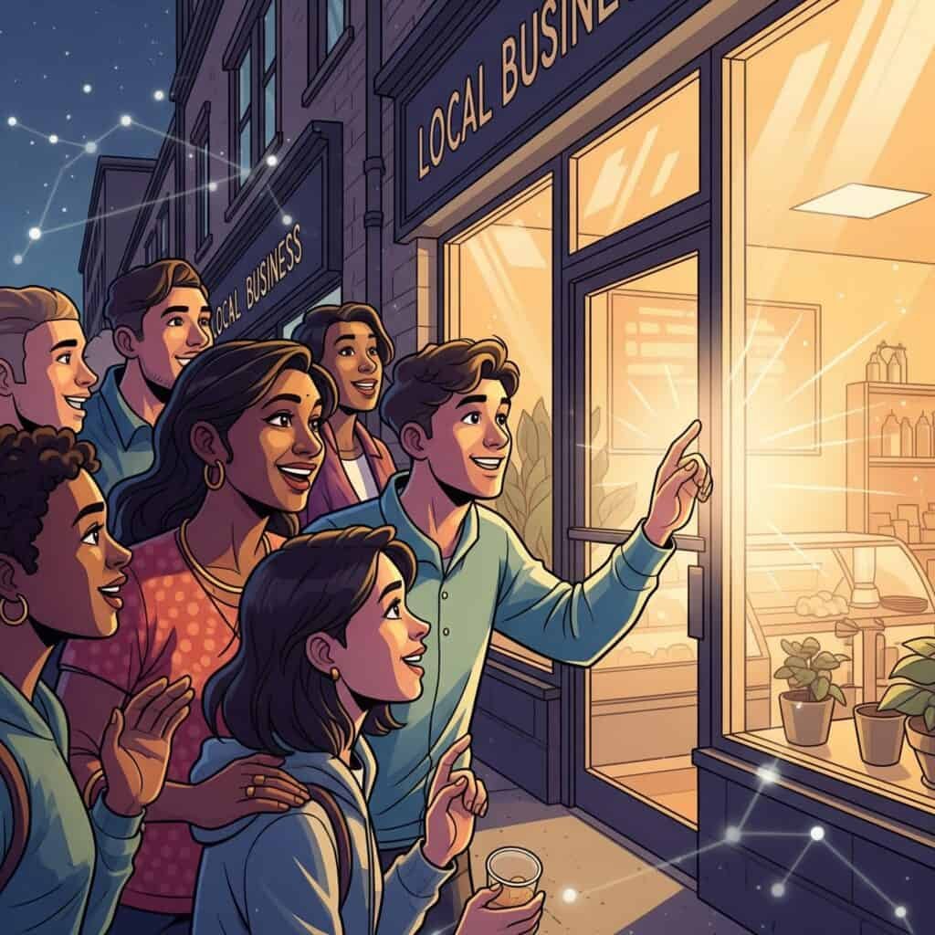 A diverse group of happy people looking at a glowing, welcoming local business storefront