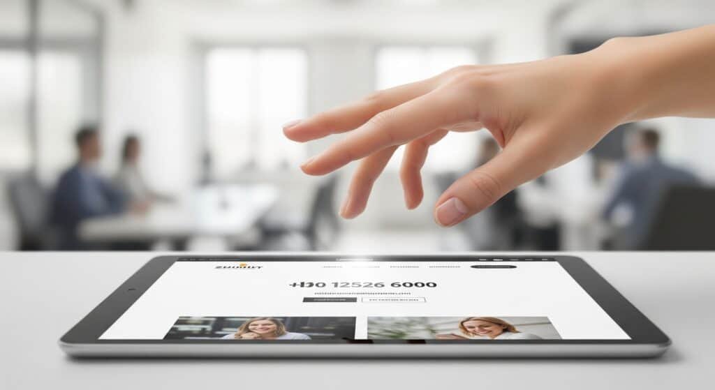 First Impressions Count: What Makes a Local Business Website Instantly Trustworthy? A hand hovering over a tablet displaying a clean, modern website.