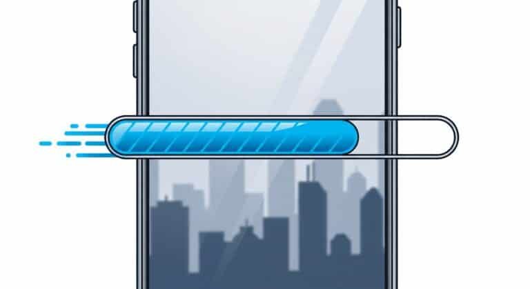 A loading bar instantly and fully rendered on a mobile phone screen with a cityscape blurred in the background, conveying speed and efficiency.