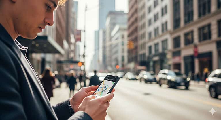 A man in a suit jacket intently uses his smartphone to navigate a bustling city street, with cars and buildings blurred in the background, suggesting he's looking for a business.