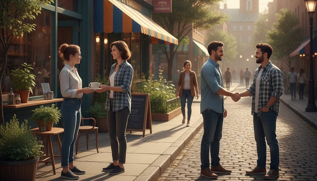 Local business owners shaking hands and interacting on a charming cobblestone main street, symbolizing strong community connection and local commerce.