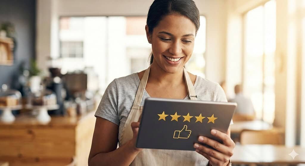 From Strangers to Neighbors: Building Local Trust with Website Testimonials A smiling small business owner in a café setting looking at a tablet displaying a five-star rating and a thumbs-up icon, representing positive customer testimonials and local trust.