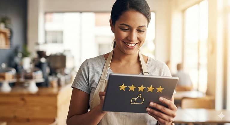 A smiling small business owner in a café setting looking at a tablet displaying a five-star rating and a thumbs-up icon, representing positive customer testimonials and local trust.