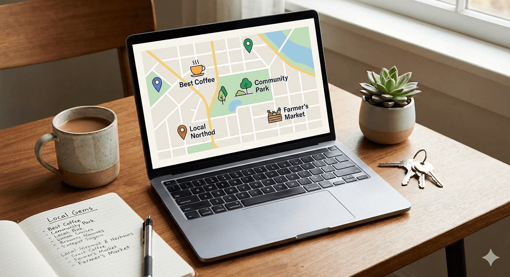 Beyond the "Buy" Button: Why Your Website Should Be Your Neighborhood’s Best Friend A modern laptop on a wooden desk displaying a local neighborhood map with pins for community spots like coffee shops and parks, next to a notebook titled 'Local Gems' and a coffee mug.